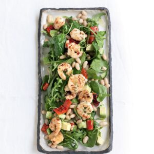 Garlic and chilli prawn salad with avocado and white beans