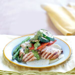 Grilled chicken with macadamia, basil and parsley pesto