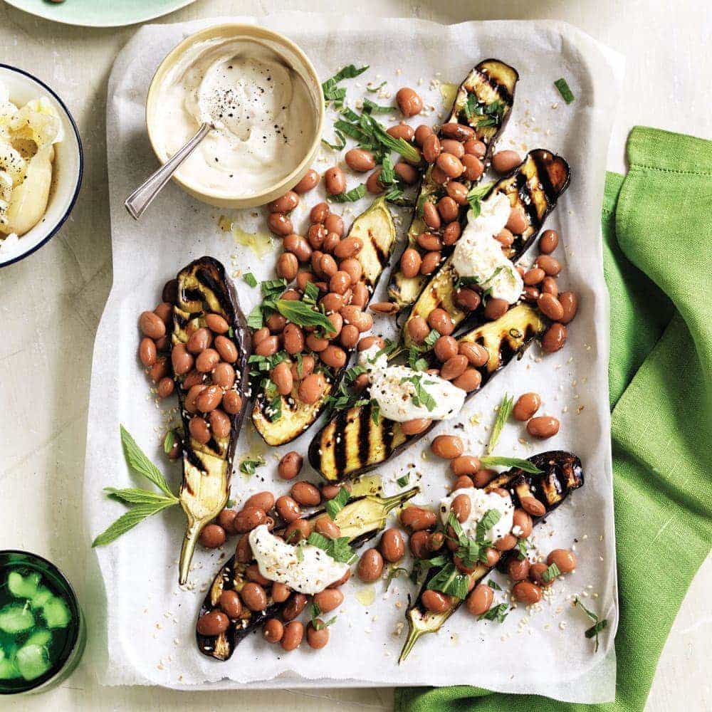 Grilled eggplant and beans with tahini yoghurt