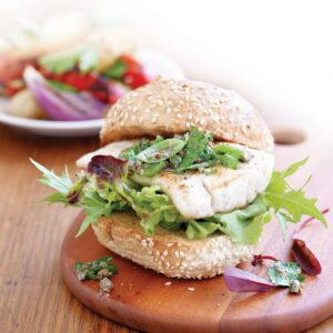Grilled fish burgers with basil and caper salsa
