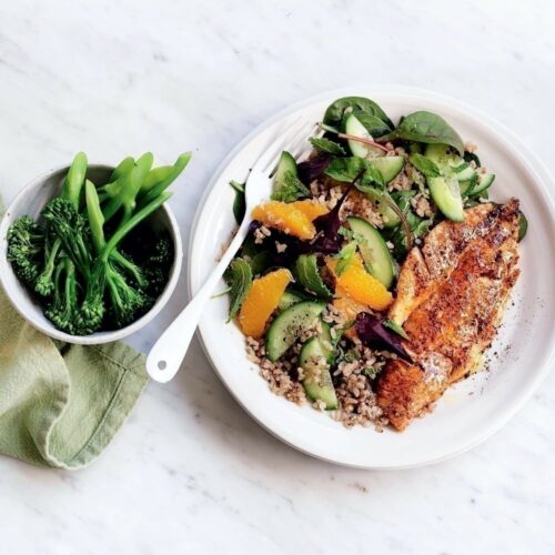 Grilled fish with rice, quinoa and orange salad