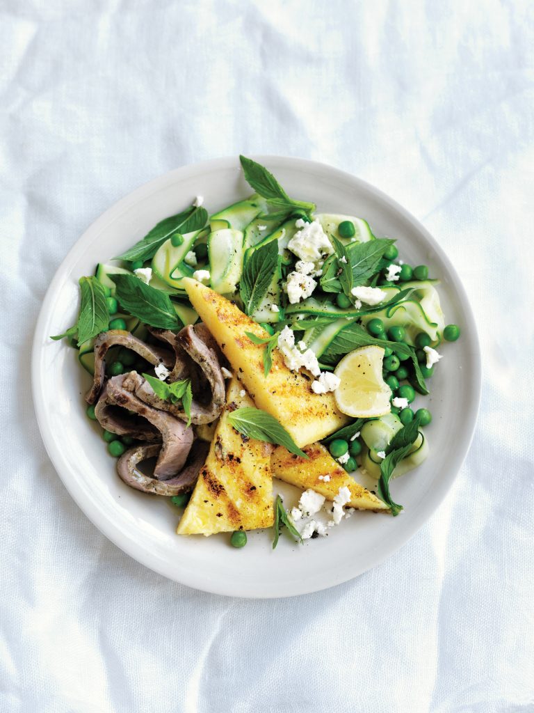 Grilled lamb and polenta with mint and feta greens