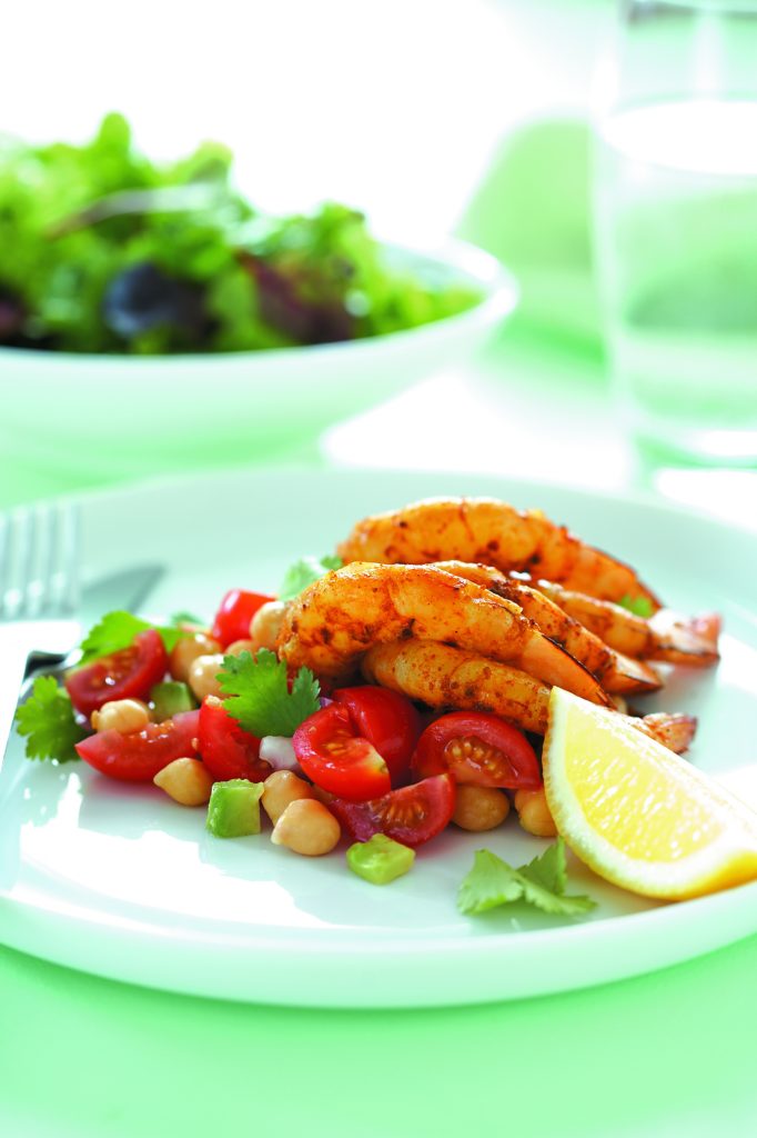 Grilled prawn and chickpea salad