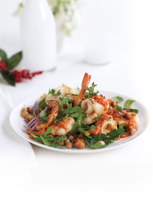 Grilled prawn, calamari and roasted chickpea salad with romesco dressing