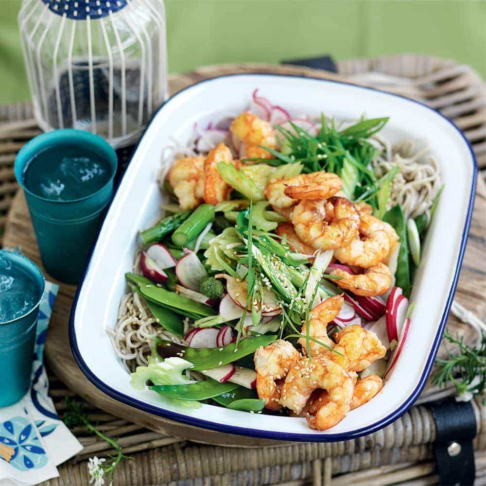 Grilled prawns with snow peas, asparagus and noodle salad