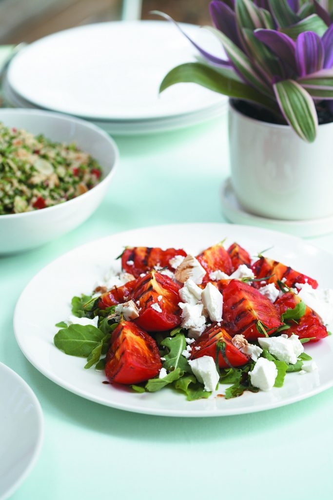 Grilled tomatoes with feta and rocket