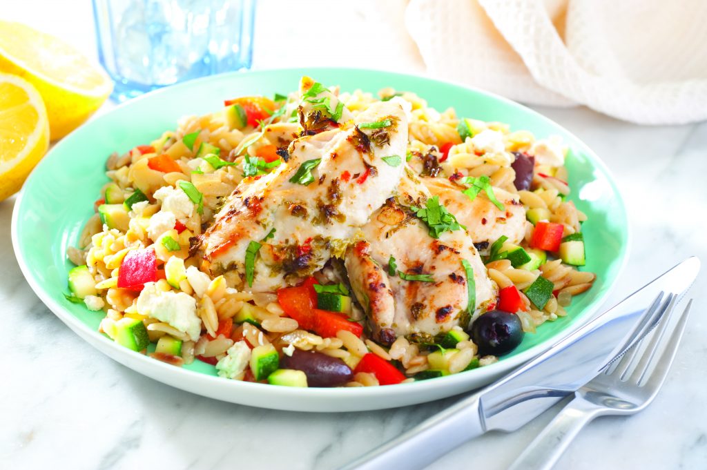 Grilled chicken on lemony orzo