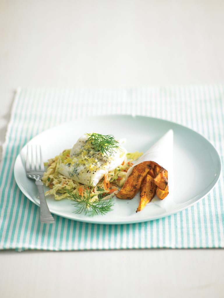 Herbed fish parcels with kumara wedges and coleslaw