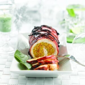 Honey-glazed rolled chicken with apricot and kaffir lime stuffing