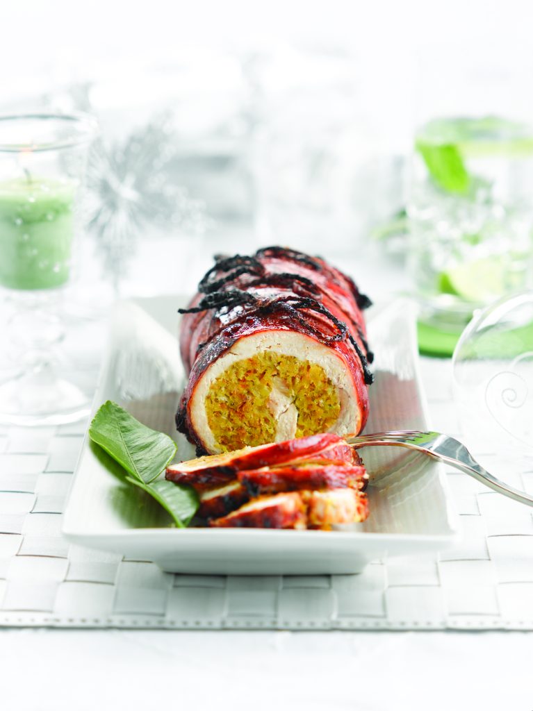Honey-glazed rolled chicken with apricot and kaffir lime stuffing