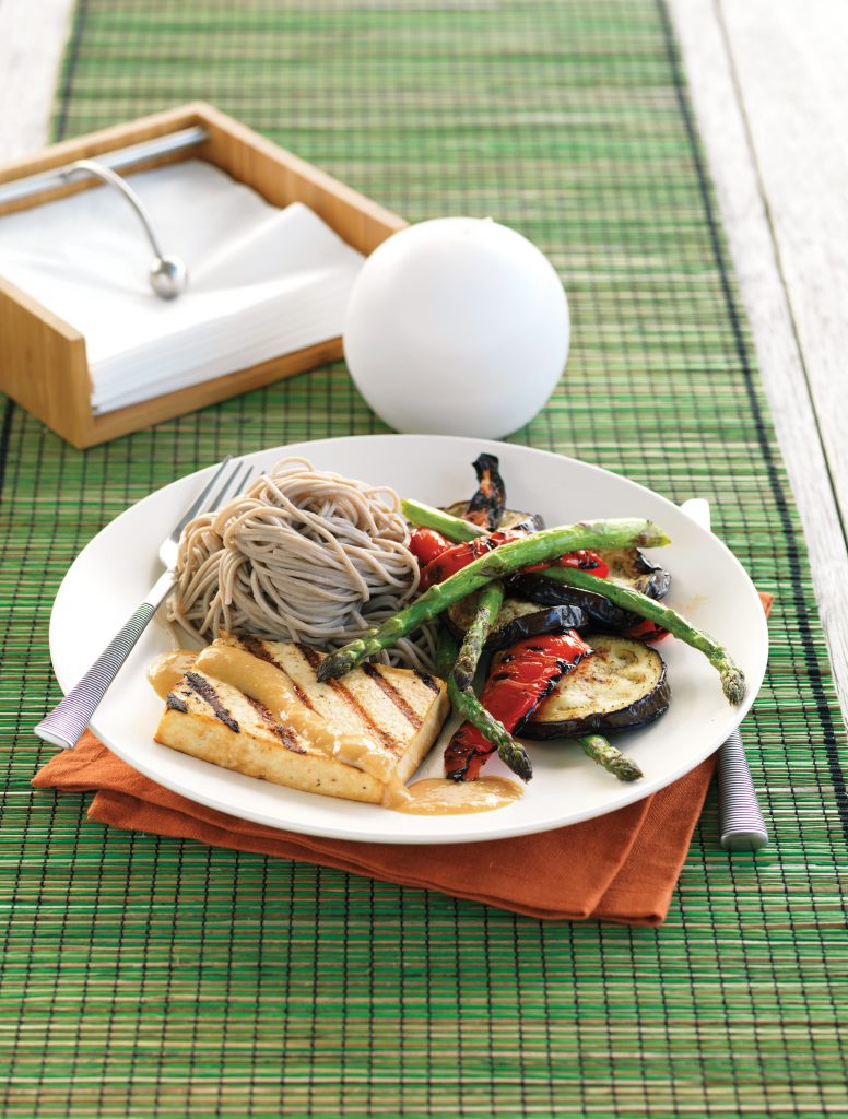 Japanese-style tofu with grilled vegetables, miso and soba noodles