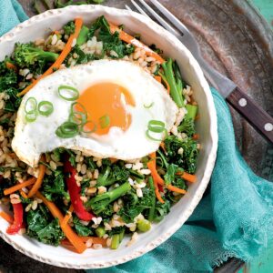 Kale and broccolini rice with fried egg