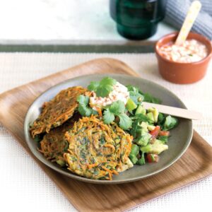 Kumara and courgette fritters with avocado salsa