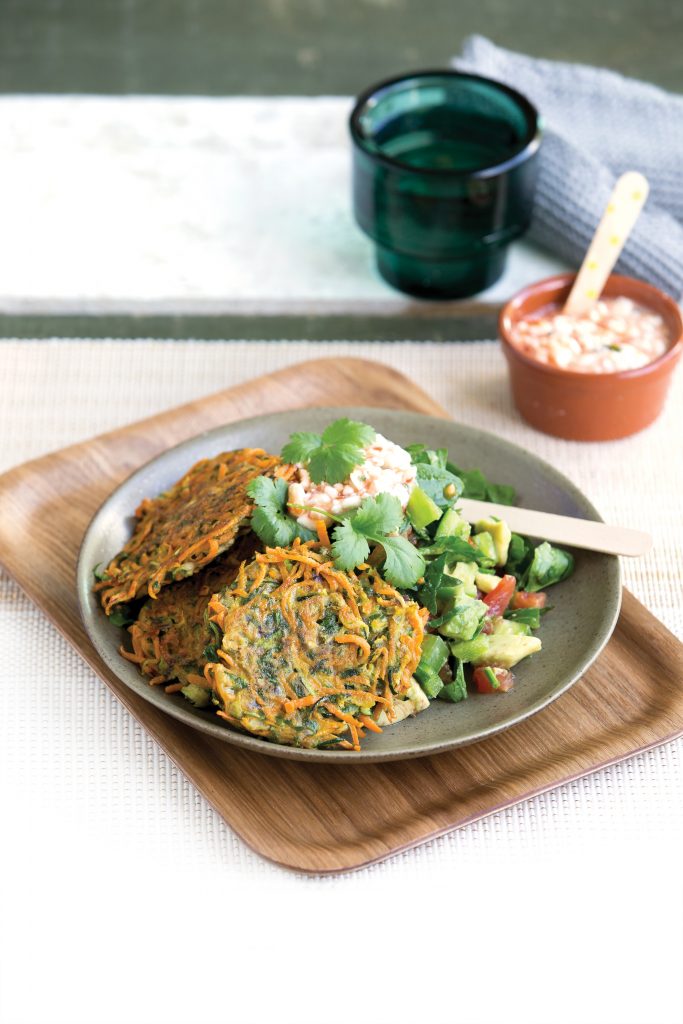 Kumara and courgette fritters with avocado salsa