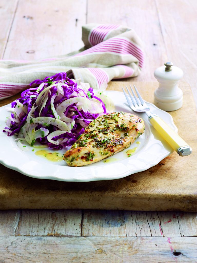 Lemon and rosemary chicken with fennel cabbage slaw