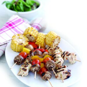 Lime-chilli chicken skewers with veges