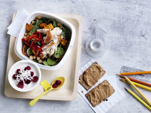 Lunchbox: Chicken, chickpea and roasted pumpkin salad + snacks