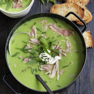 Minted pea soup with ham