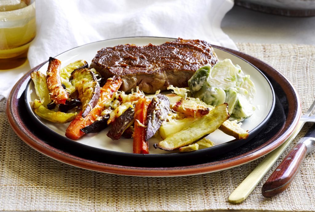 Miso beef with parmesan vege chips, Brussels slaw and creamy mustard