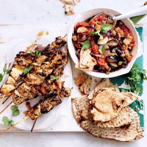 Moroccan chicken skewers with warm eggplant salad