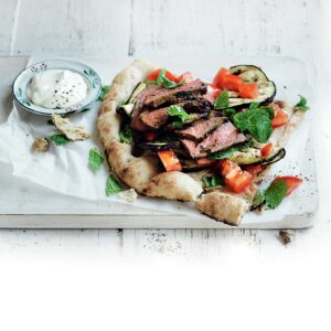Moroccan-spiced steak with eggplant and tomato salad