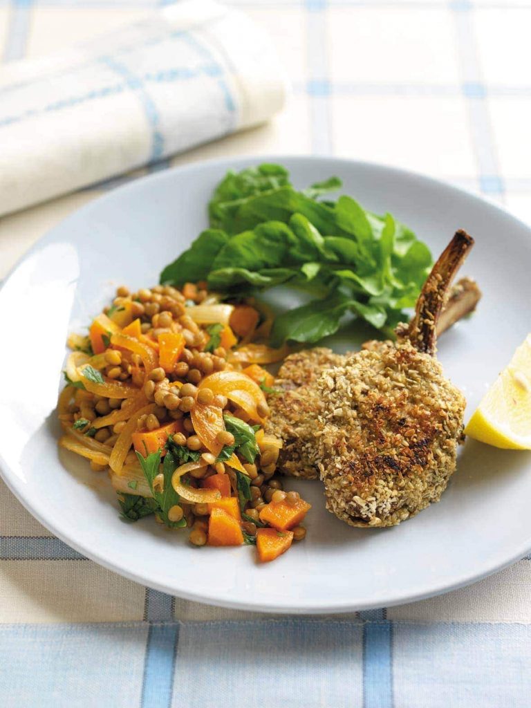 Oat-crusted lamb cutlets with spiced lentils