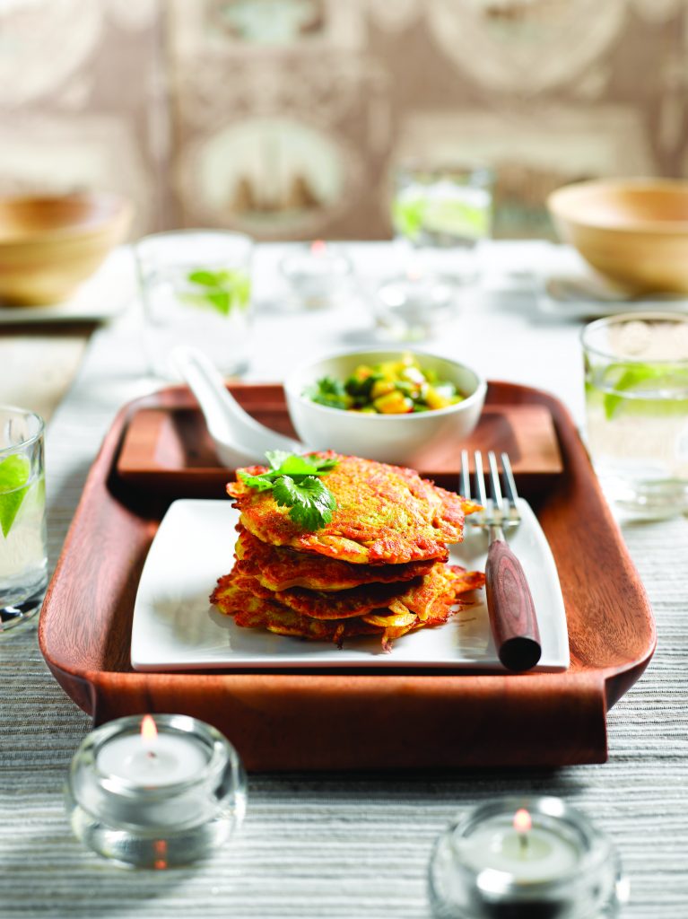 Onion fritters with mango relish