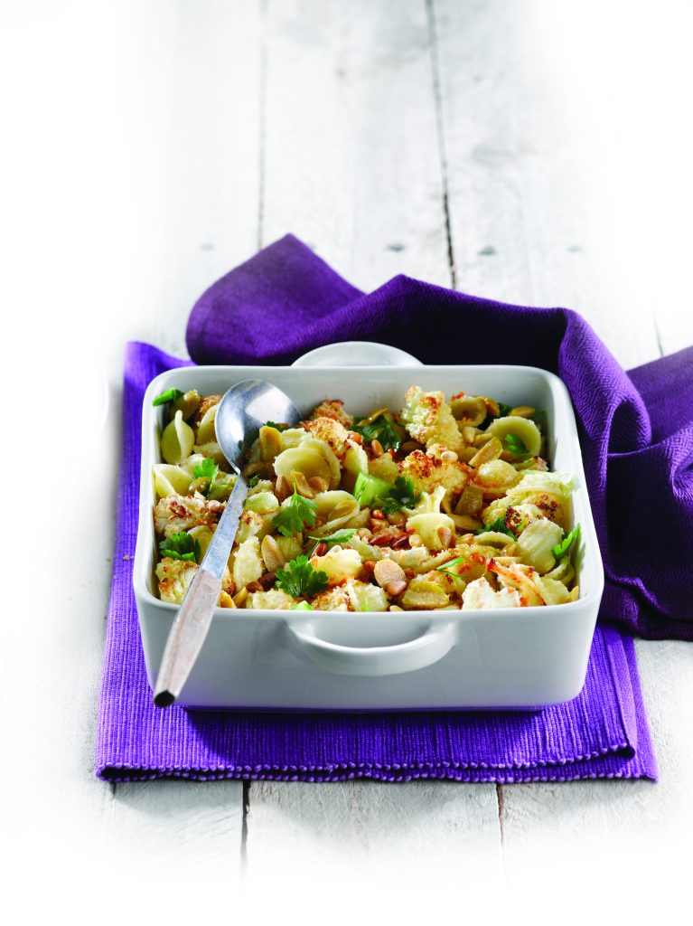 Orecchiette with roasted cauliflower, pine nuts and green olives