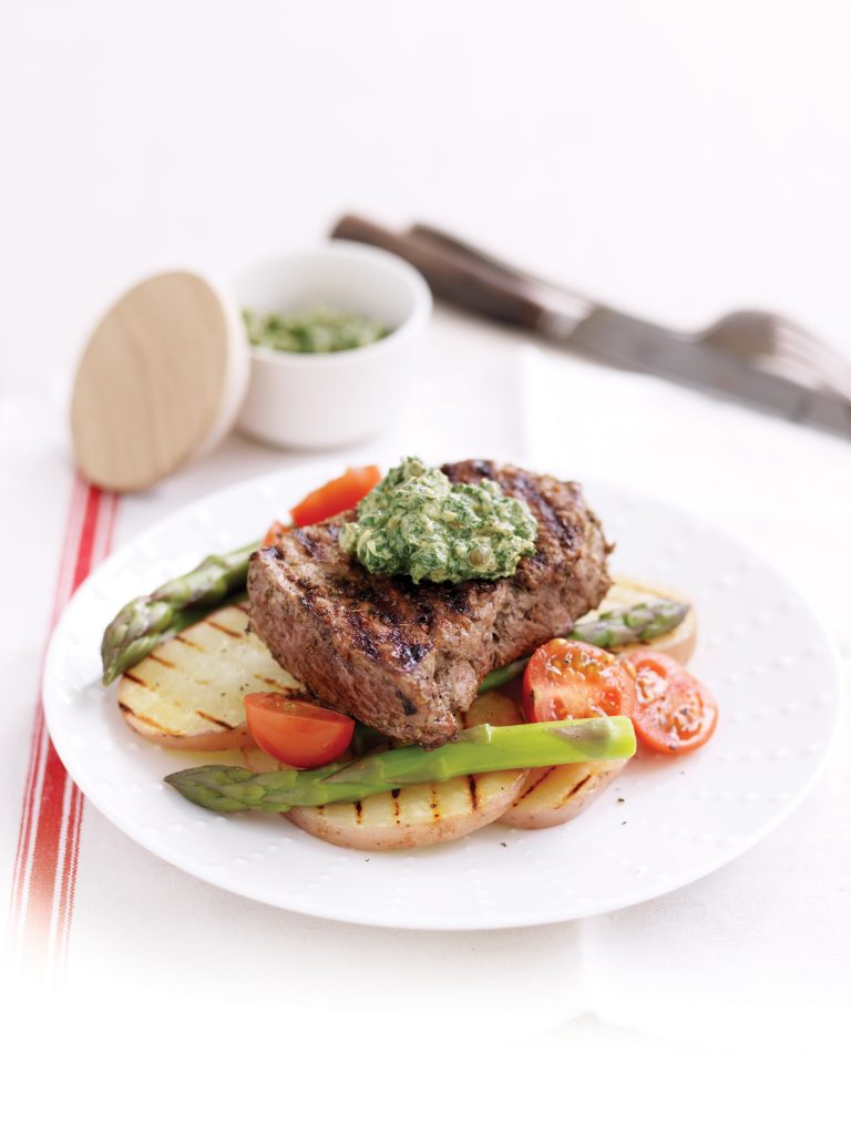 Oregano-rubbed steaks with salsa verde