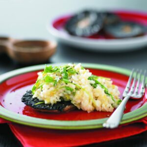 Oven-baked risotto on mushrooms