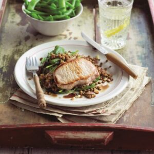Pan-fried pork with balsamic lentils