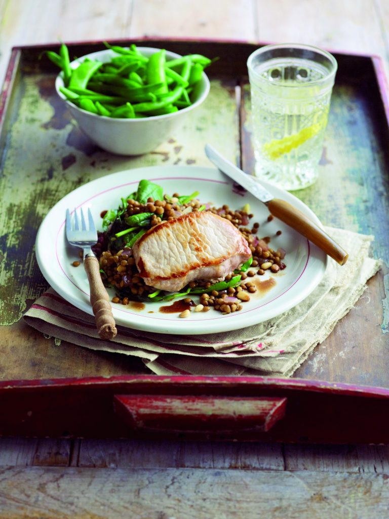 Pan-fried pork with balsamic lentils