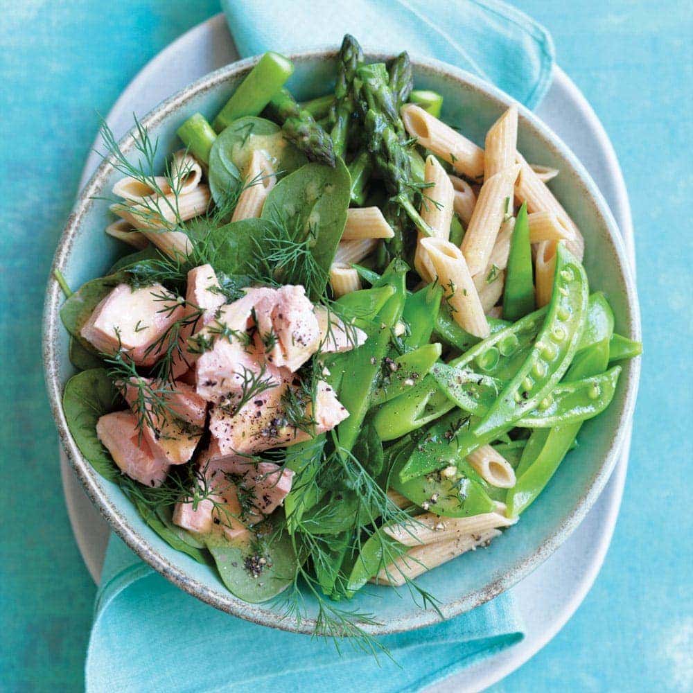 Poached salmon, pasta and pea salad with mustard dressing