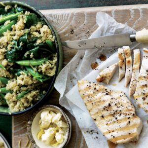 Quinoa pilaf with grilled chicken, feta and lemon