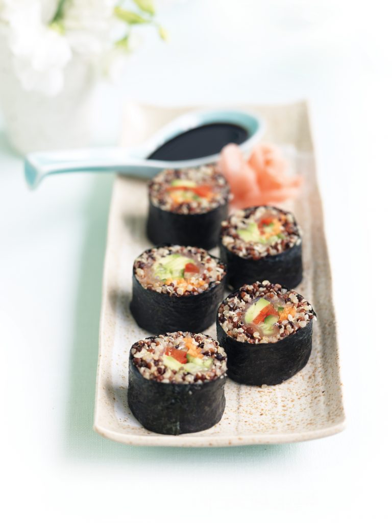 Quinoa, smoked salmon and shredded vegetable sushi rolls