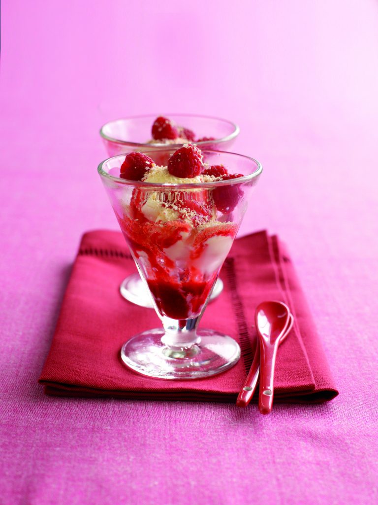 Raspberry and coconut ice cream sundaes