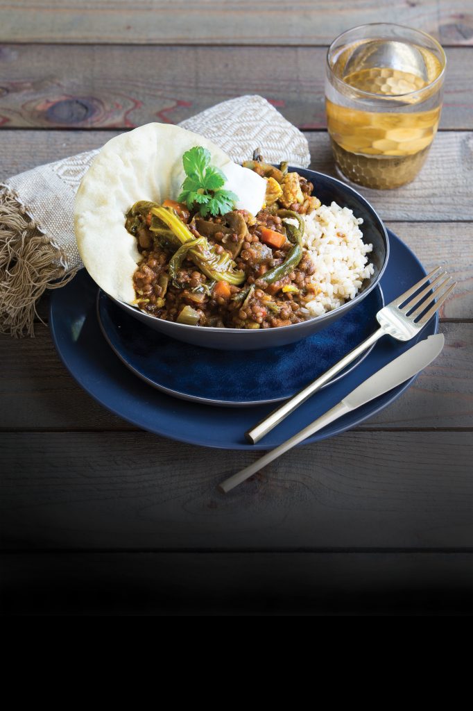 Red curry lentils with rice and pappadums
