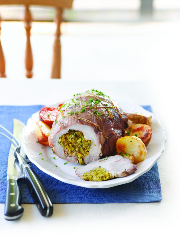 Roast pork with herb and apricot stuffing