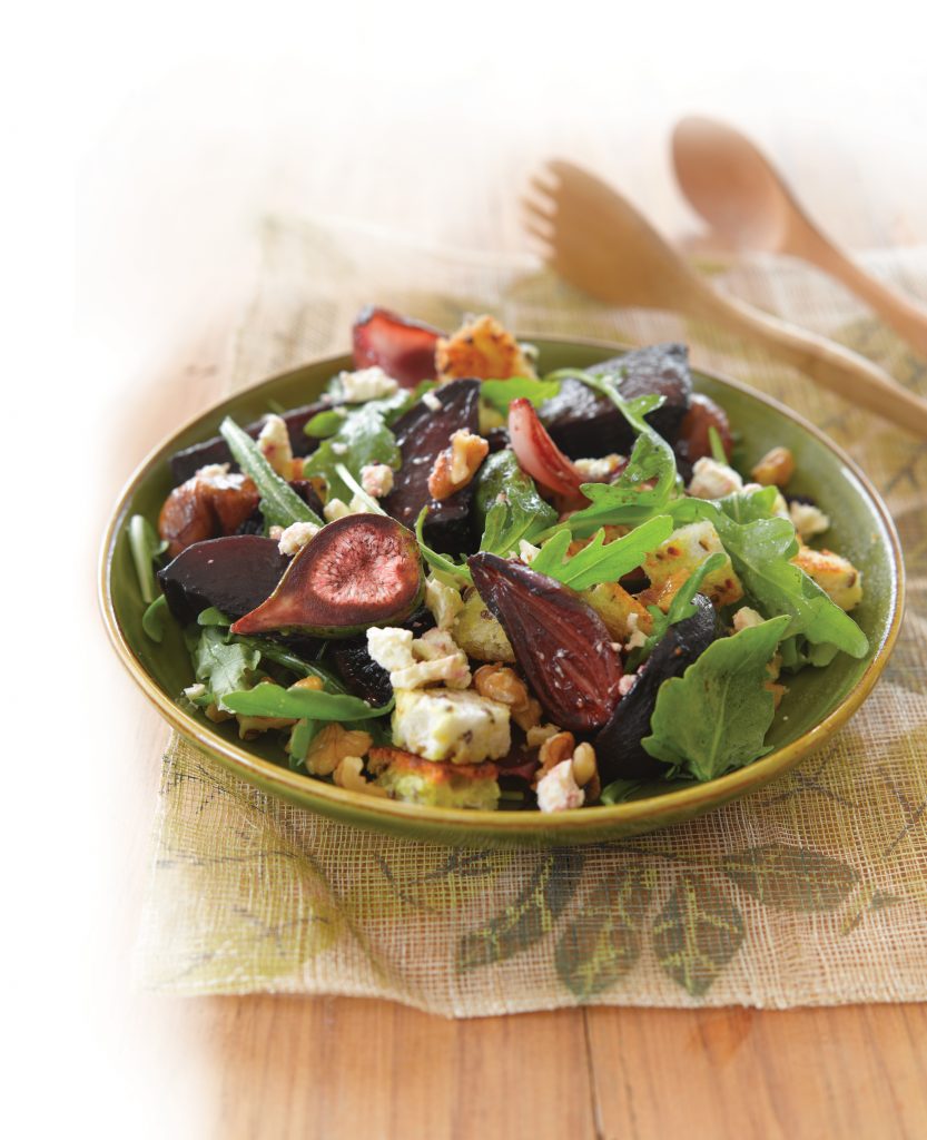 Roasted fig, beetroot, walnut and goats’ cheese salad