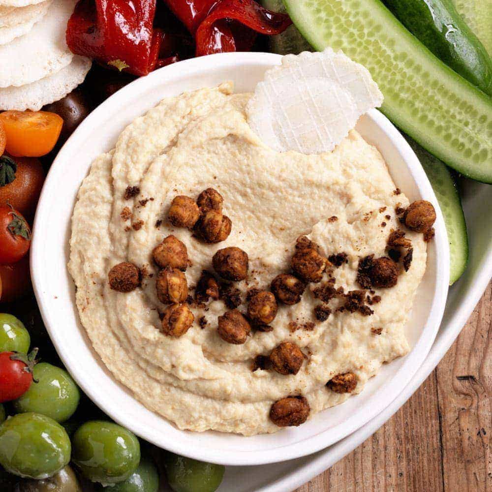 Roasted garlic hummus with spiced chickpeas