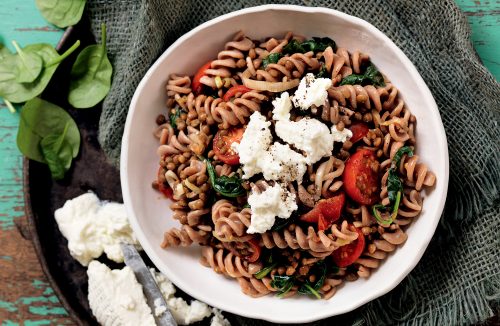 Roasted tomato and lentil pasta with ricotta