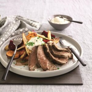 Roasted vegetables with seared beef and mustard cream