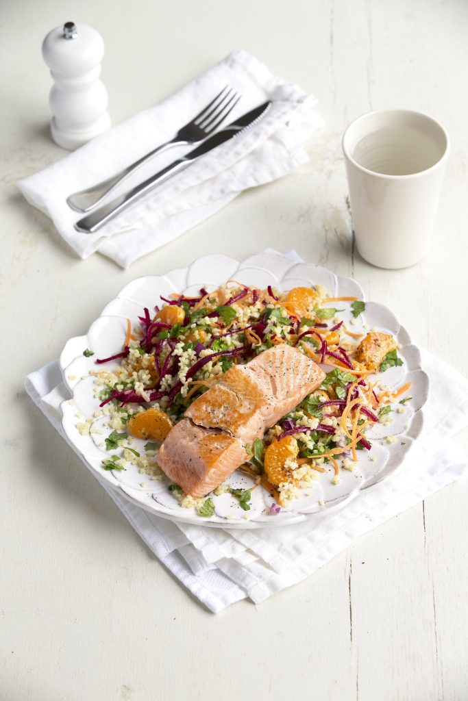 Salmon with beetroot, bulgar and mandarin salad
