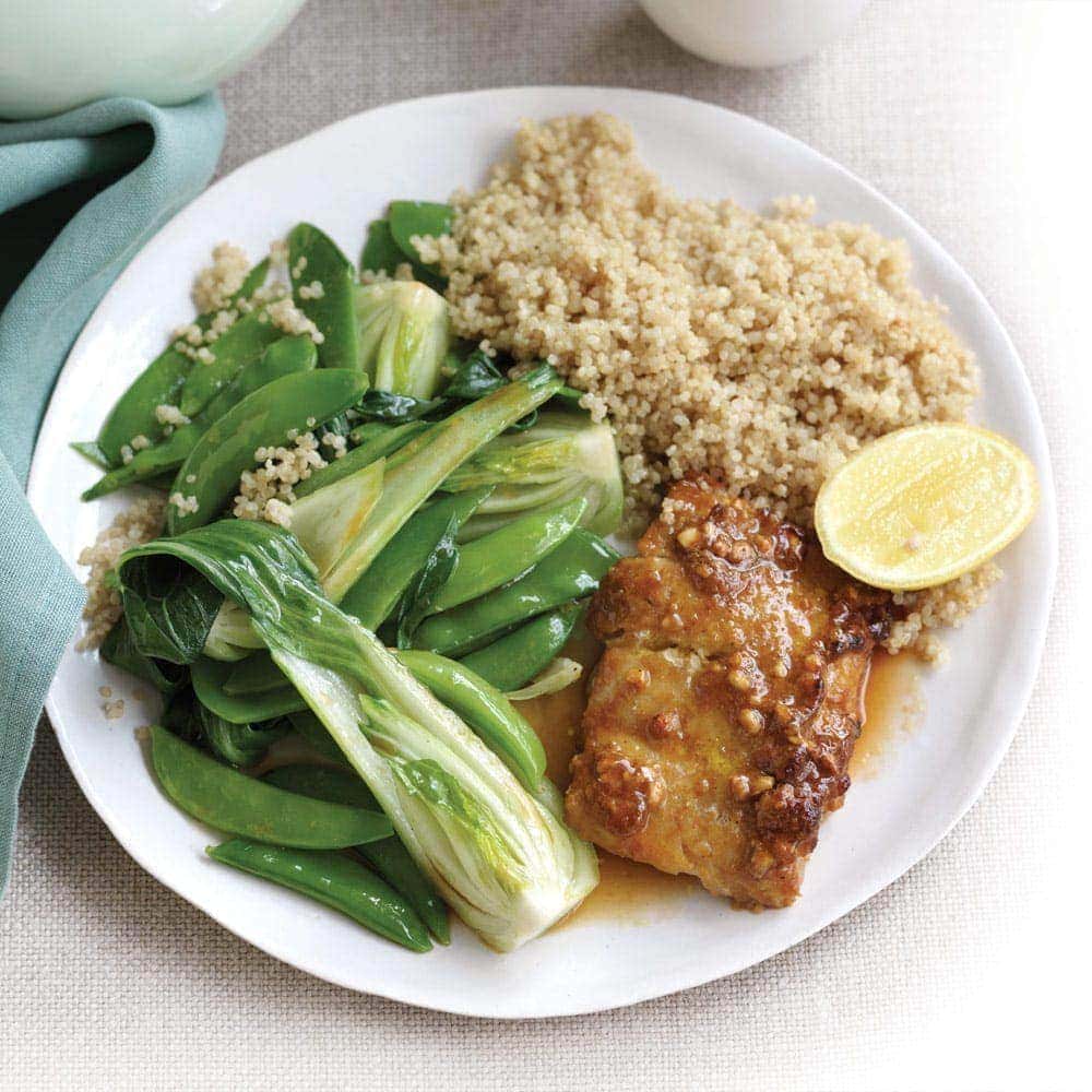 Satay-baked fish with stir-fried greens