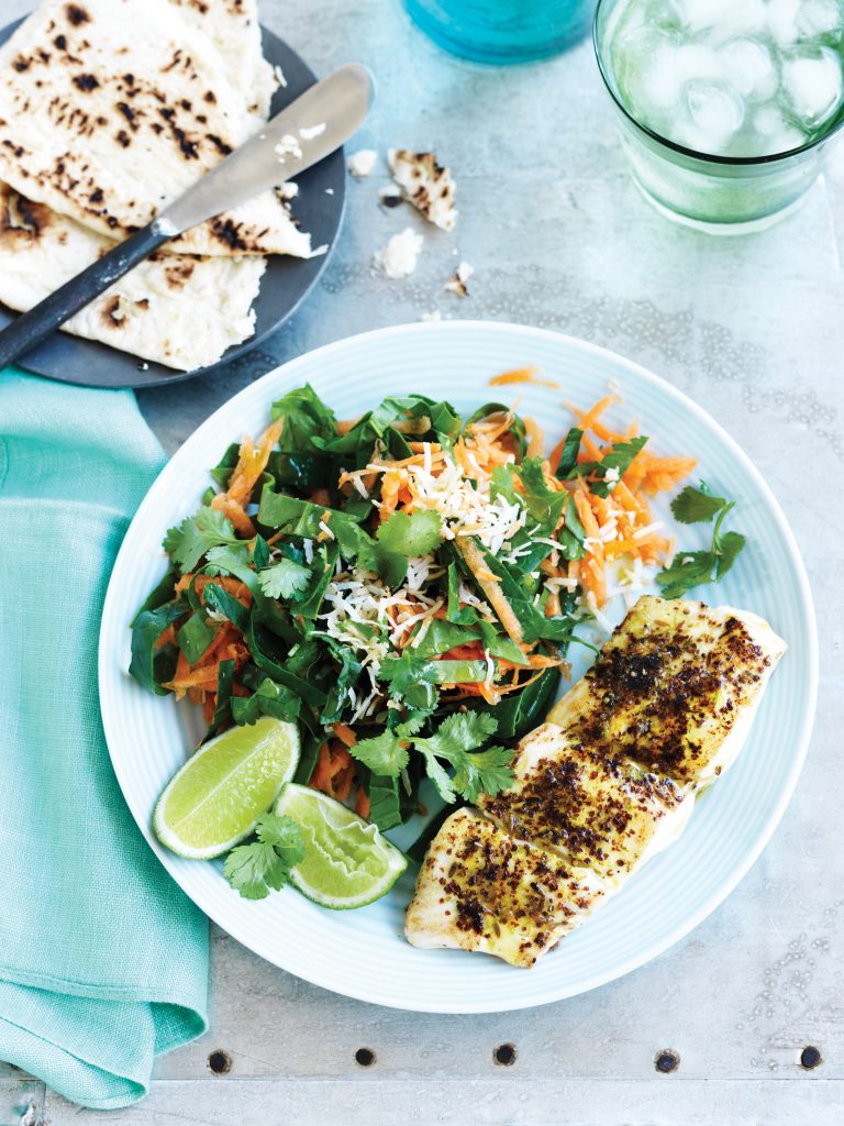 South Indian spiced fish with shredded carrot and coconut salad
