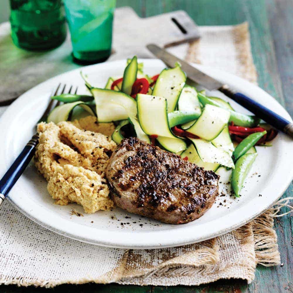 Spiced lamb with chickpea mash and courgette salad