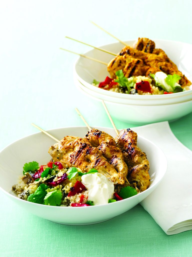 Spicy chicken skewers with vege couscous