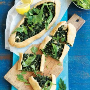 Spinach, feta and haloumi Turkish pide