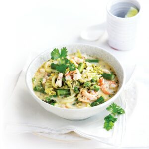 Spring vegetable soup with prawns