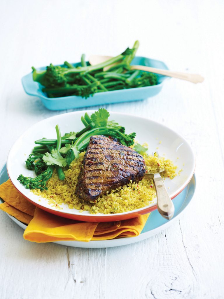 Steak with spiced couscous and broccolini